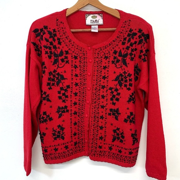 Vtg  Tiara Red Beaded Sweater‎ Woman Large Button Up Floral Embroidery Holiday - Picture 1 of 11